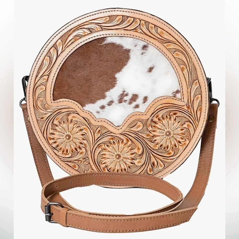 Cowgirl Western style authentic tooled leather crossbody bag with cow hyde